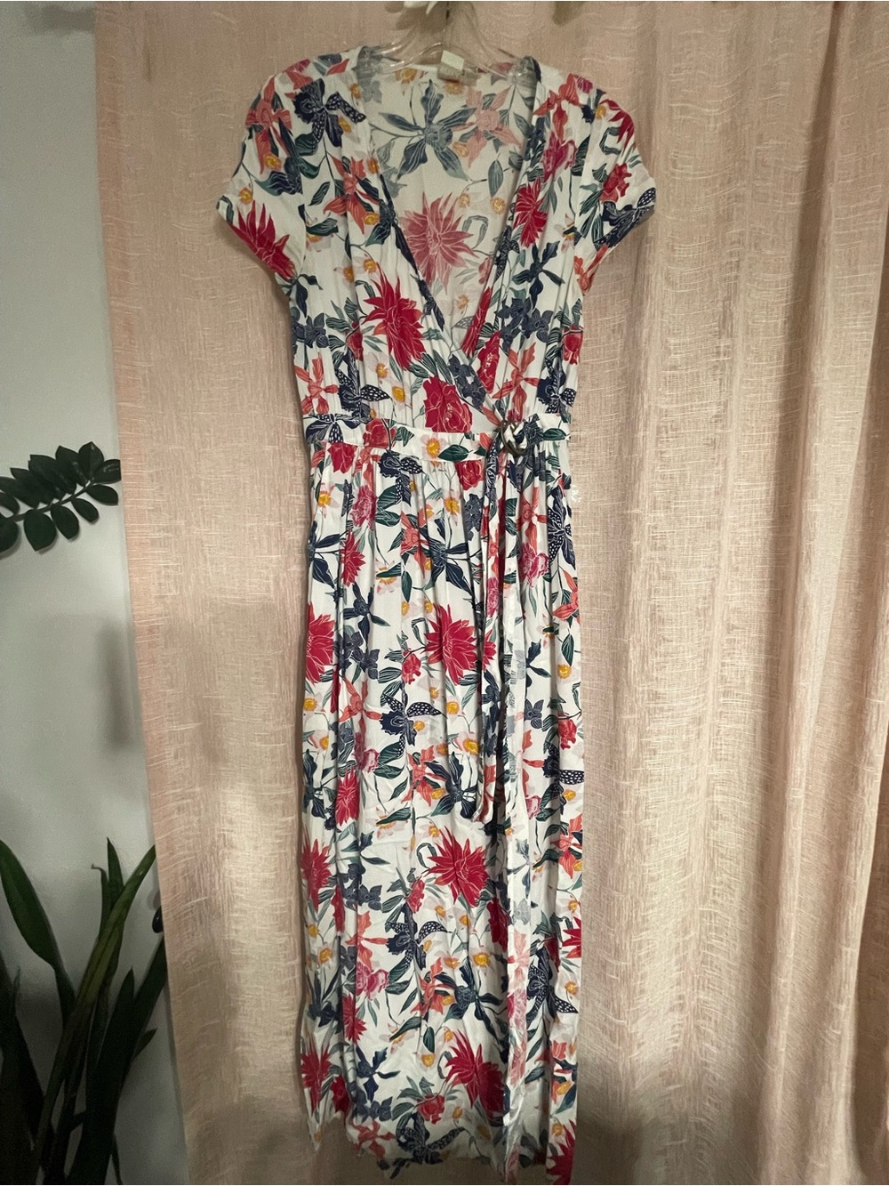 Roxy White Floral Wrap Maxi Dress with Red, Navy & Yellow Accents